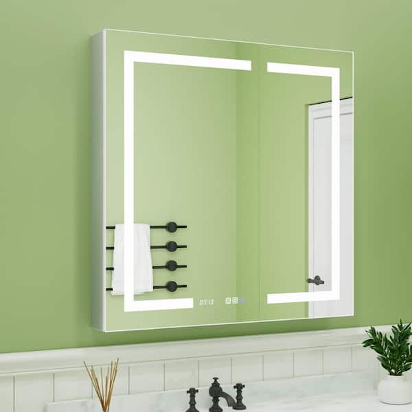 36 in. W x 36 in. H Rectangular Silver Aluminum Recessed/Surface Mount Medicine Cabinet with Mirror, LED and Clock