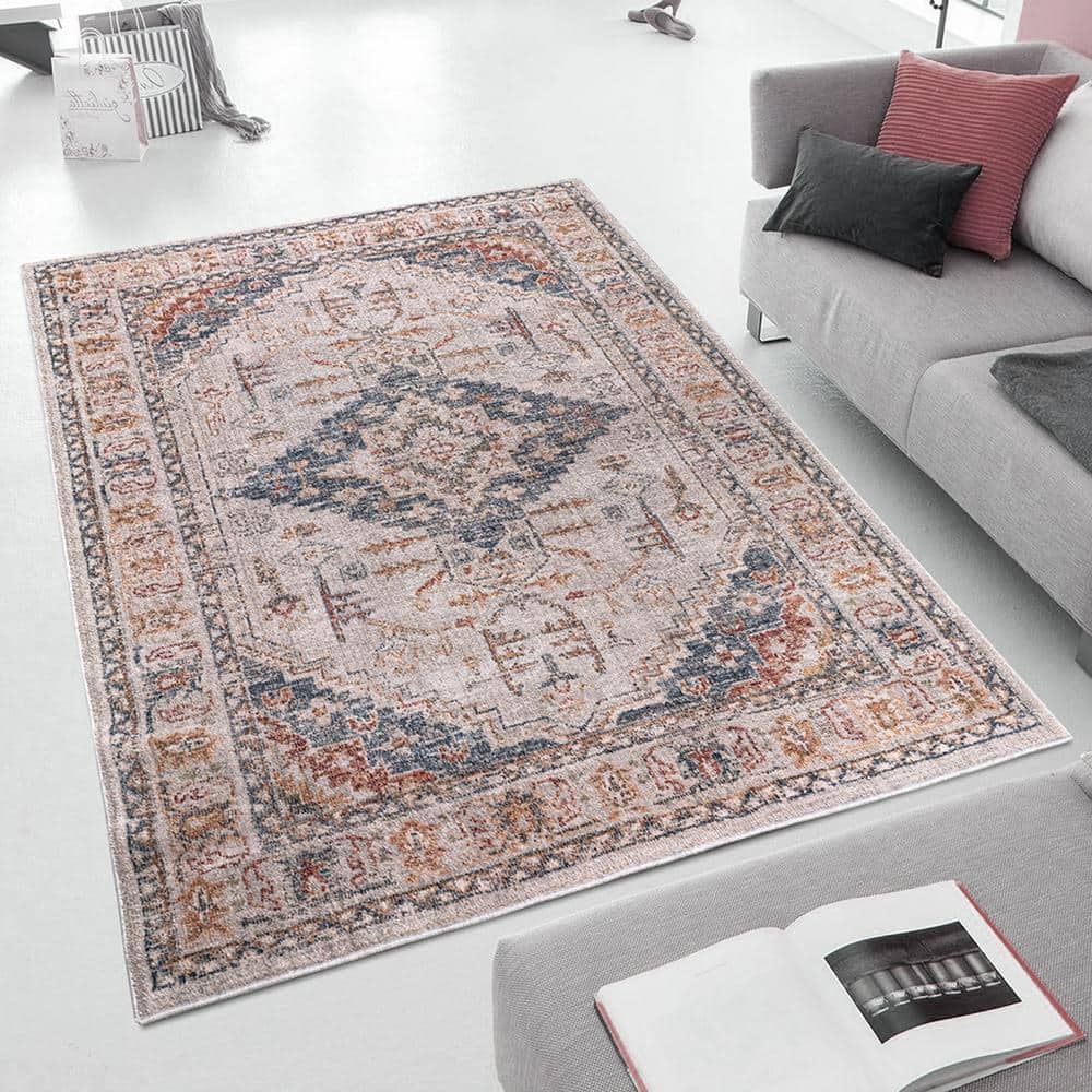 Blue and Beige Medallion Synthetic 8' x 10' Area Rug