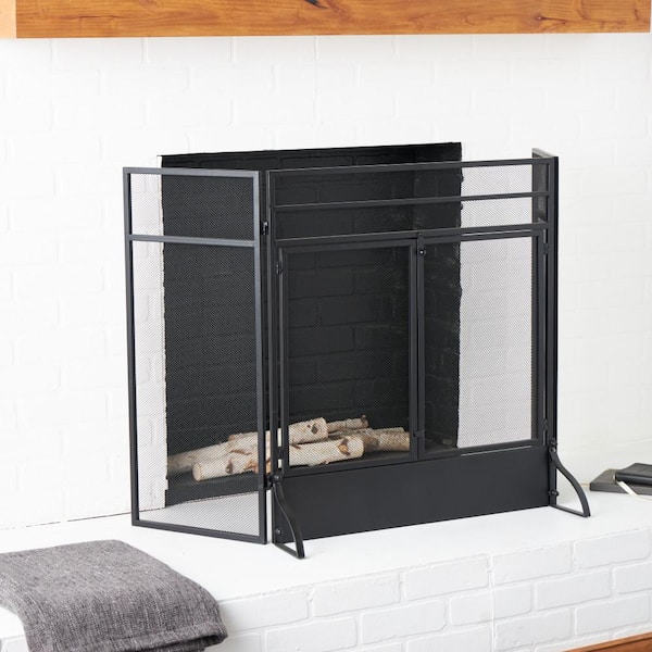 Litton Lane Black Metal Geometric Minimalistic 3-Panel 2-Door Fireplace ...