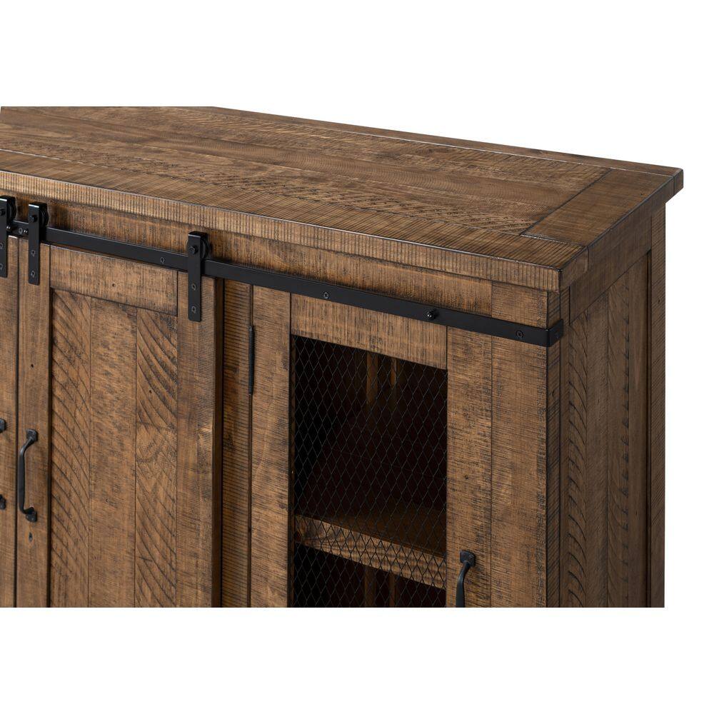 Rustic Pine and Black Metal Mesh 65" TV Stand with Cabinet