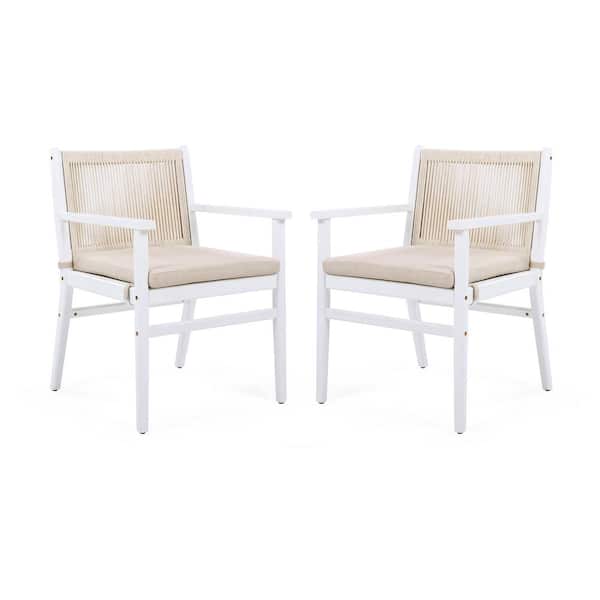 Wecker Outdoor Patio Dining Chairs with Rope Weave Back, Cushioned, Solid Wood, Beige Plus White, (Set of 2)