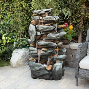 50 in. Tall Outdoor 8-Tier Rock Waterfall Fountain with LED Lights, Grey