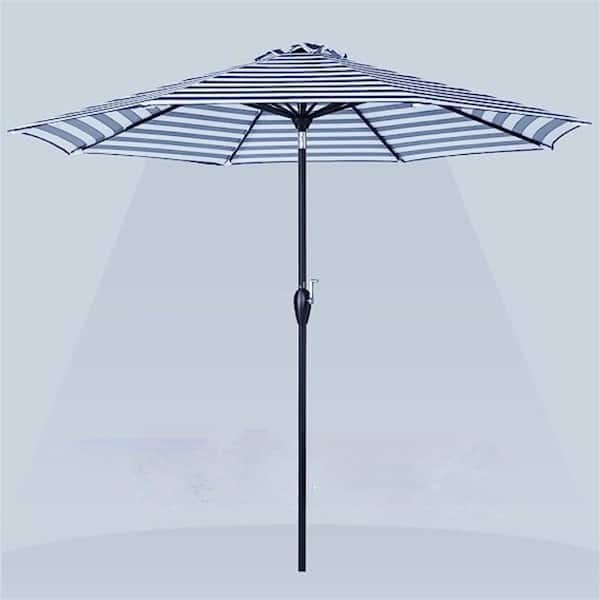 Dyiom 9 ft. Outdoor Market Tilt Patio Table Umbrella with Push Button and Crank in Blue White Stripe
