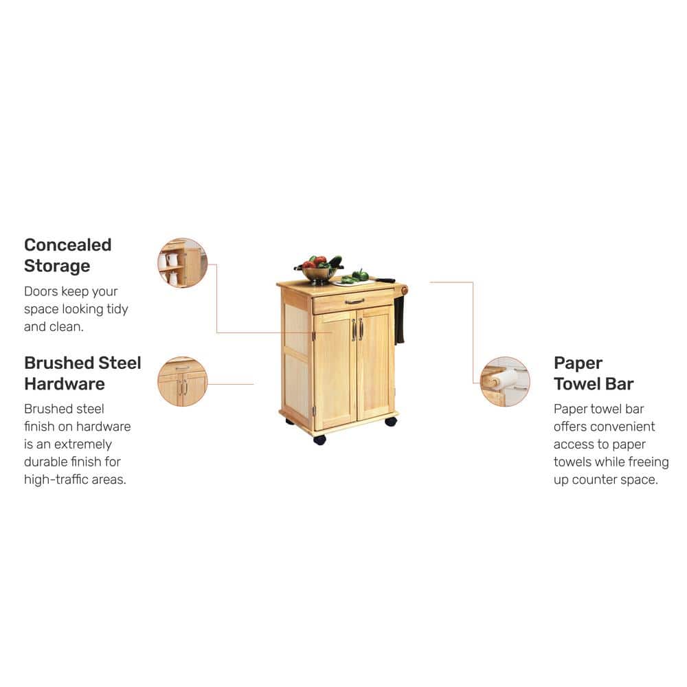 Natural Wood Rolling Kitchen Cart with Storage and Towel Bar