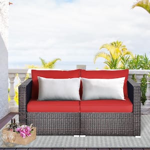 Brown 2-Piece Wicker Outdoor Loveseat Sofa with Red Cushions
