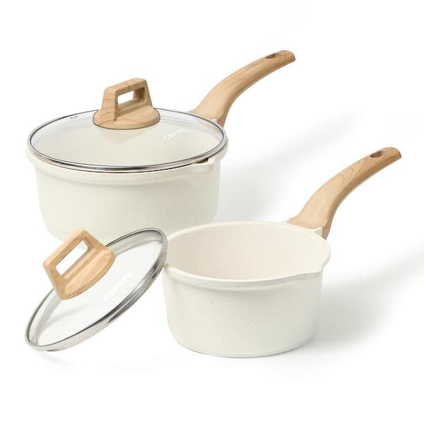4-Piece 1.5 qt. and 3 qt. White Granite Non Stick Induction Sauce Pan Set with Lid and Pour Spout