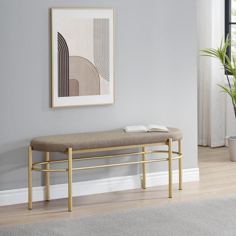 Taupe Upholstered Oval Entry Bench with Gold Frame, 48 Inch