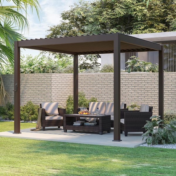 Sereno Series 10 ft. x 10 ft. All-Aluminum Pergola Double-Layer Louvered Pergola with Adjustable Roof, Dark Brown