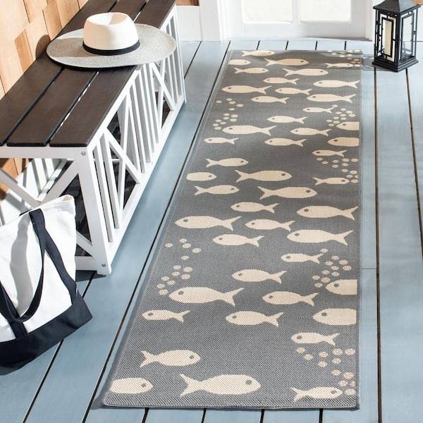 Courtyard Dark Gray/Beige 2 ft. x 8 ft. Novelty Fish Indoor/Outdoor Patio  Runner Rug