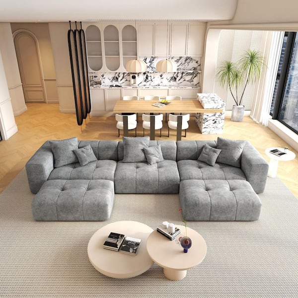 J&E Home 158.64 in. Square Arm 5-Piece Linen Deep Seat L-Shaped
