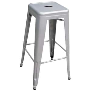 30 in. Silver Metal, Backless, Stackable Bar Stool (Set of 2)