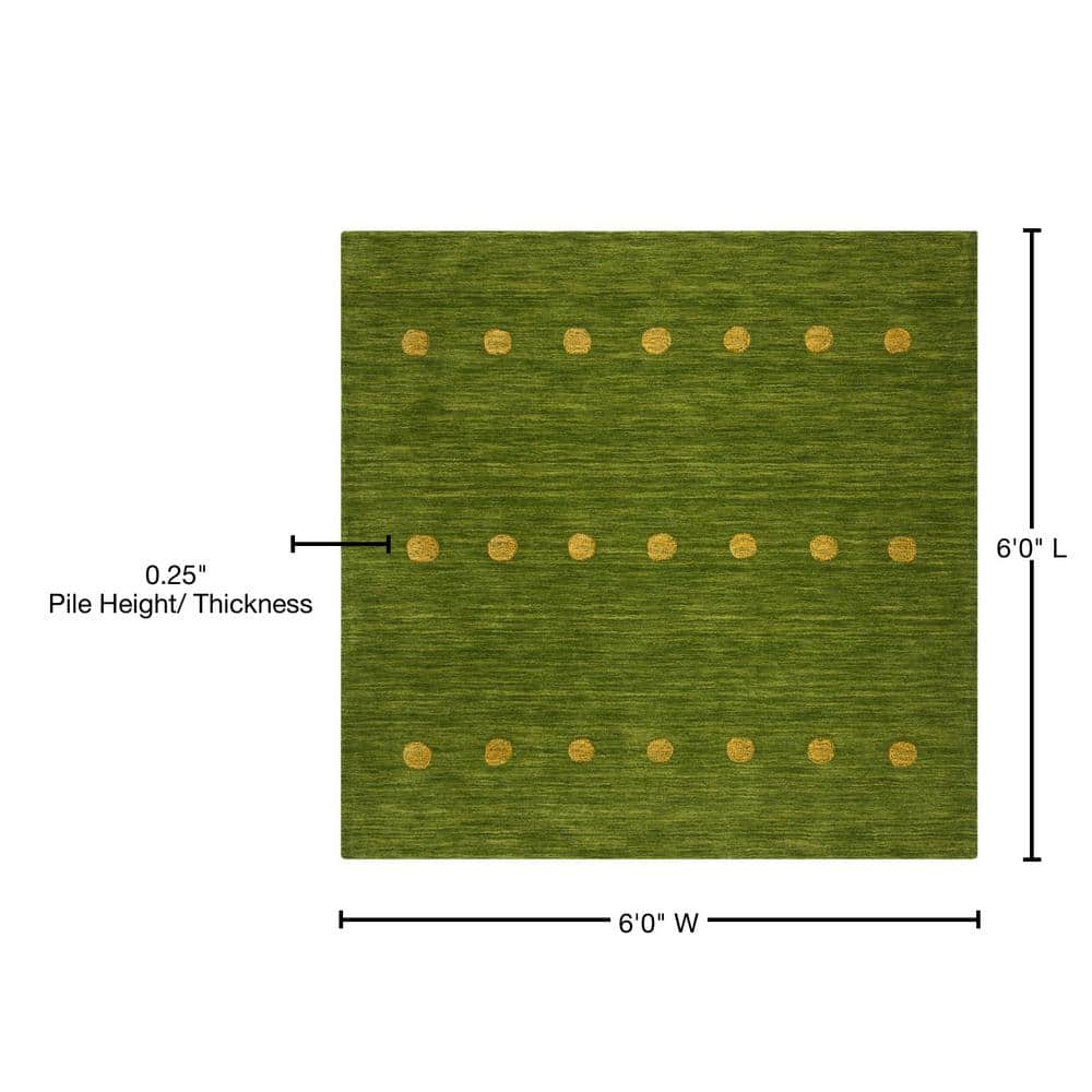 Handmade Green Wool Square Area Rug with Golden Dots, 6'x6'