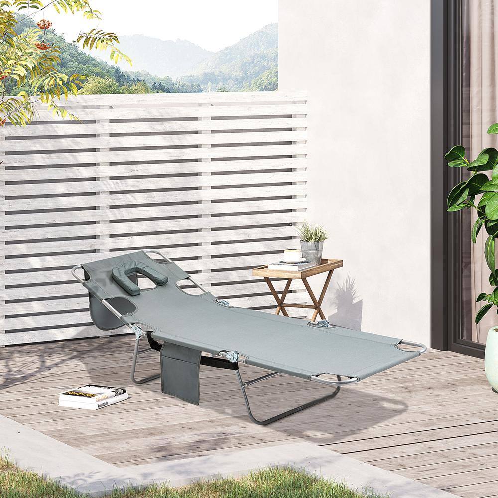 Gray Folding Outdoor Chaise Lounge with Pillow and Arm Slots