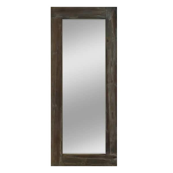 Dovelina 58 in. x 24 in. Large Rustic Rectangle Wood Framed Brown With Hooks Leaning Mirror