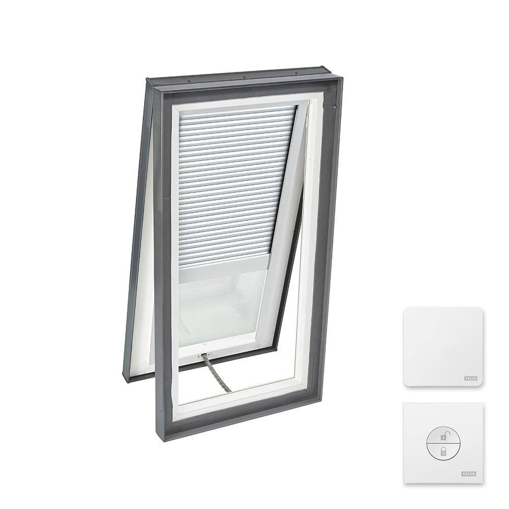 VELUX 22-1/2 in. x 34-1/2 in. Venting Curb Mount Skylight w/ Laminated Low-E3 Glass & White Solar Powered Room Darkening Blind -  VCM2234204CS00X