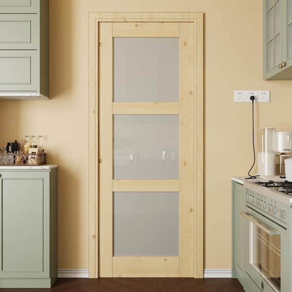 28 in. x 80 in. 3-Lite Tempered Frosted Glass Unfinished Solid Core Pine Wood Interior Door Slab