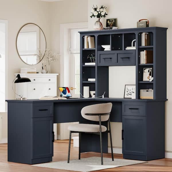 UOI 65 in. L-Shaped Antique Blue MDF 2-Drawer Desk with Power