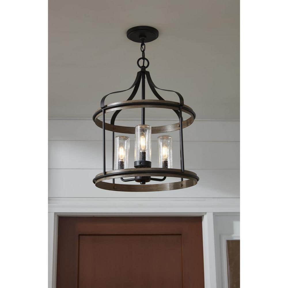 Brenham Matte Black 3-Light Farmhouse Pendant with Seeded Glass