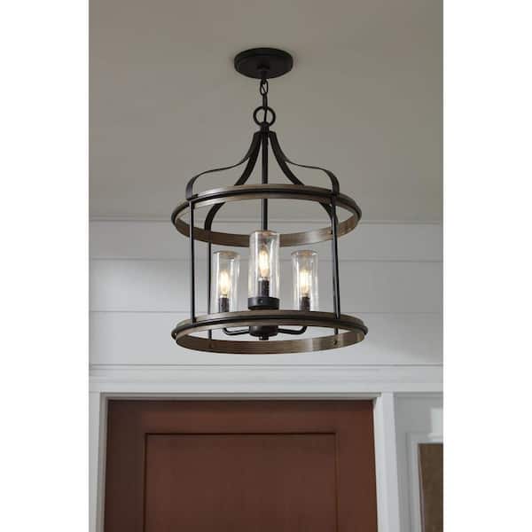 Brenham Collection 3-Light Matte Black Clear Seeded Glass Farmhouse Indoor Pendant Light