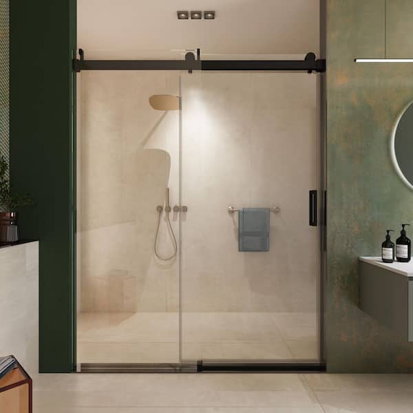 60 in. W x 76 in. H Single Sliding Frameless Shower Door with 3/8 in. Thick Tempered Clear Glass in Matte Black