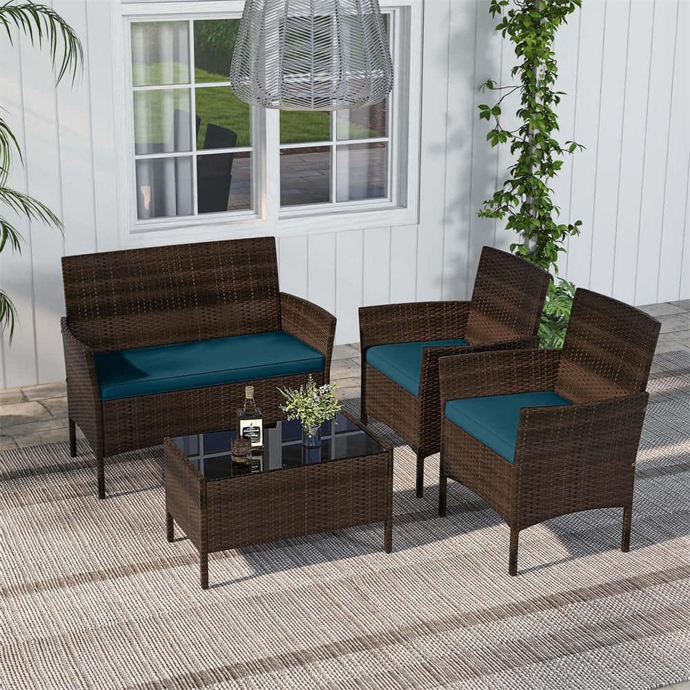 4-Piece Metal Rattan Patio Conversation Set with Blue Cushions price history on PriceWatchPro