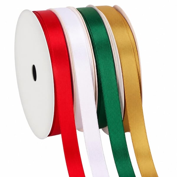 3/8 in. Christmas Satin Ribbon Set, 4 Rolls Totaling 40 yd. Red White Green Gold for Gifts Inch Yards