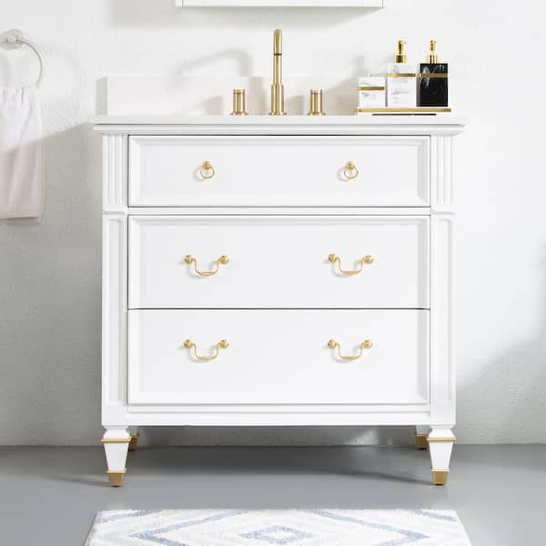 ANGELES HOME 36 in. W x 22 in. D Solid Wood Single Sink Bath Vanity in White with Carrara White Quartz Top, Soft-Close Drawers