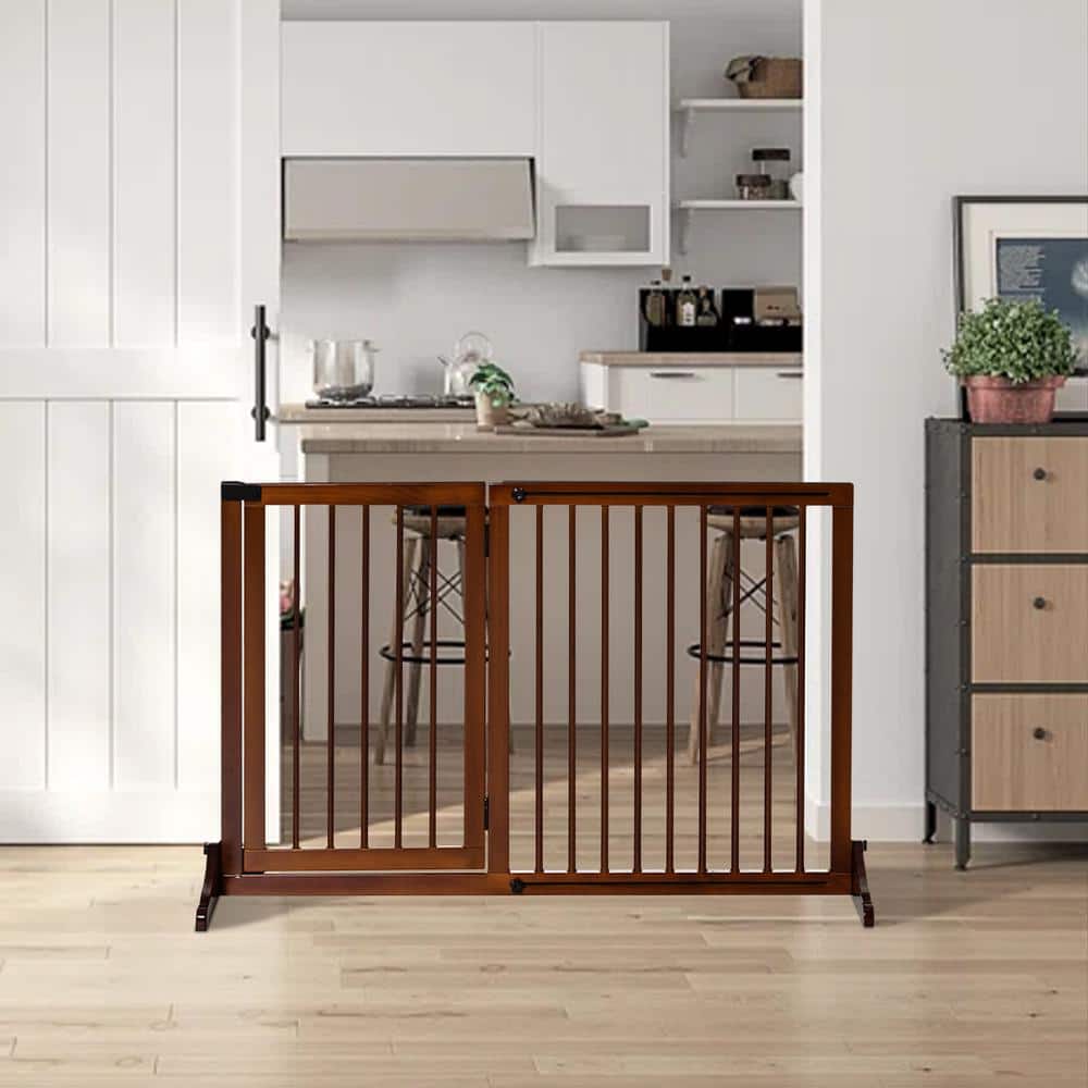 Adjustable Brown Pine Wood Freestanding Pet Gate with Lockable Door
