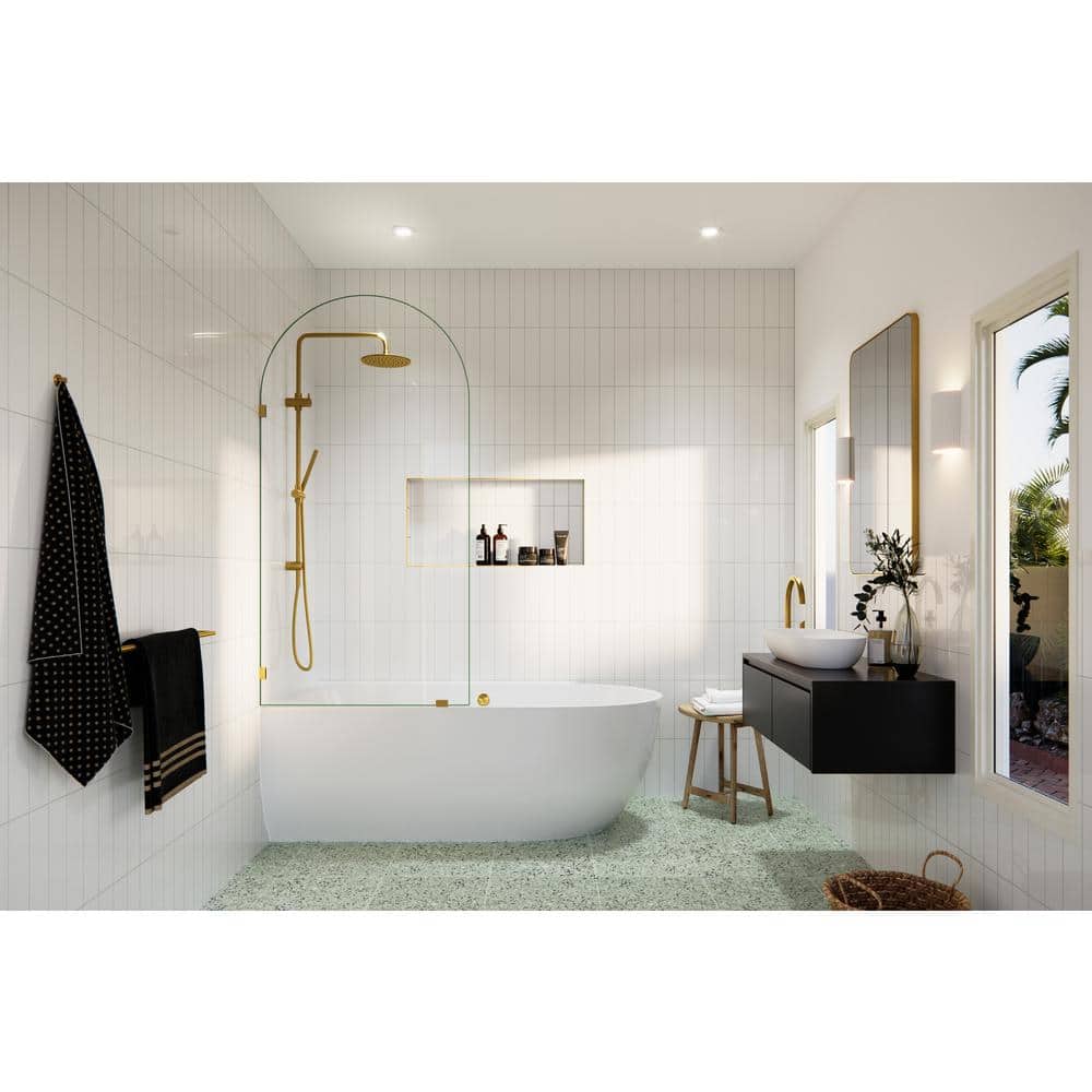 Venus 34 in. x 66.75 in. Frameless Arched Glass Bath Panel with Brass Hardware