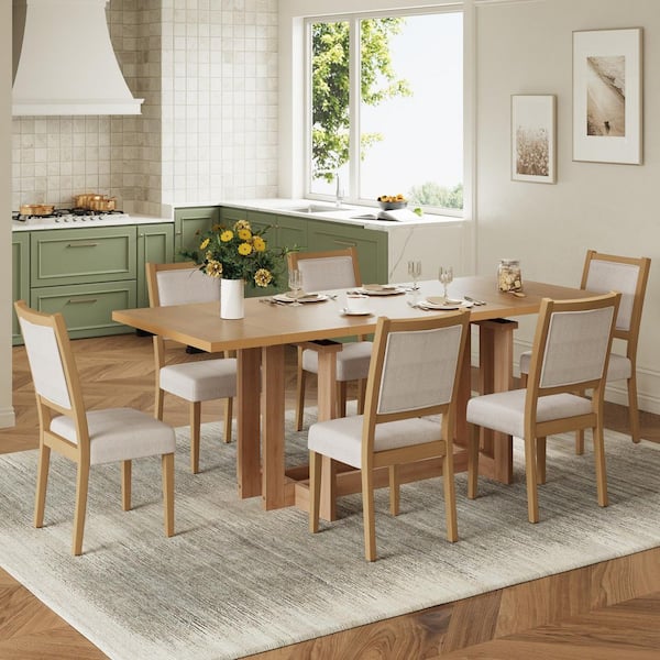 Rustic 7-Piece Natural Extendable Rectangle Wood Top Dining Table Set with Two 12'' Removable Leaf, 6 Upholstered Chairs