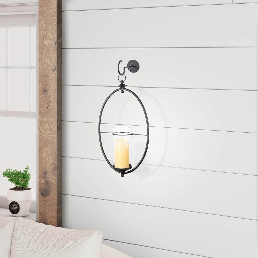 Oval Black Wrought Iron and Glass Hanging Hurricane Candle Sconce