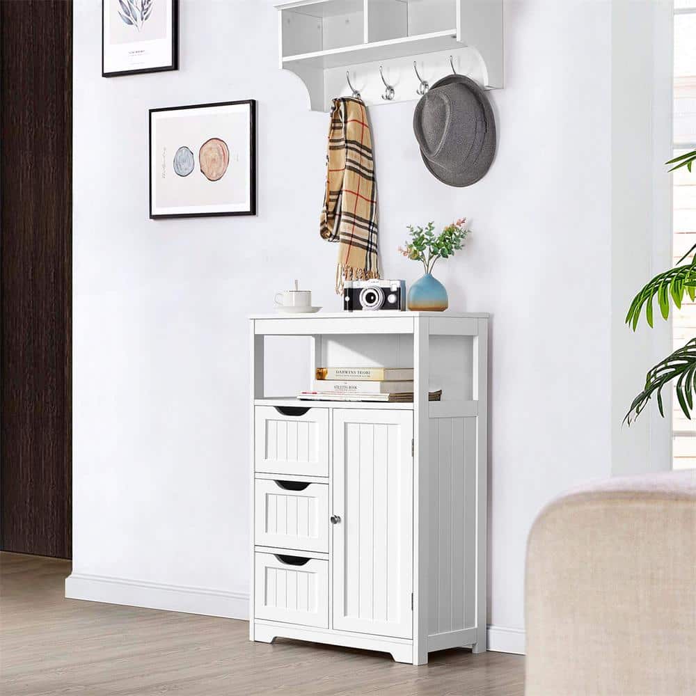 22 in. W x 12 in. D x 34 in. H White Bathroom Linen Cabinet Floor Cabinet with 3 Drawers and 1 Cupboard price history on PriceWatchPro