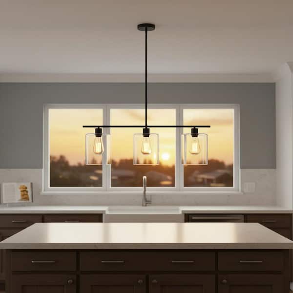 3- -Light Matte Black Island Pendant with Clear Glass Shades