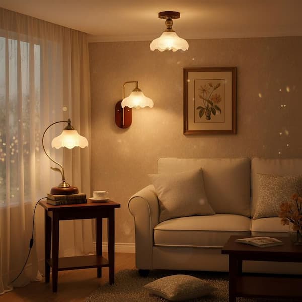 5 in. 1-Light Vintage Wood Grain Wall Lamp, Glass Shade Bedroom Bedside Wall Sconce for Living Room Hallway