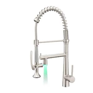 Heavy Duty Commercial Style LED Kitchen Sink Faucet, Single Handle Pre-Rinse Spring Sprayer, Pull Down Brushed Nickel