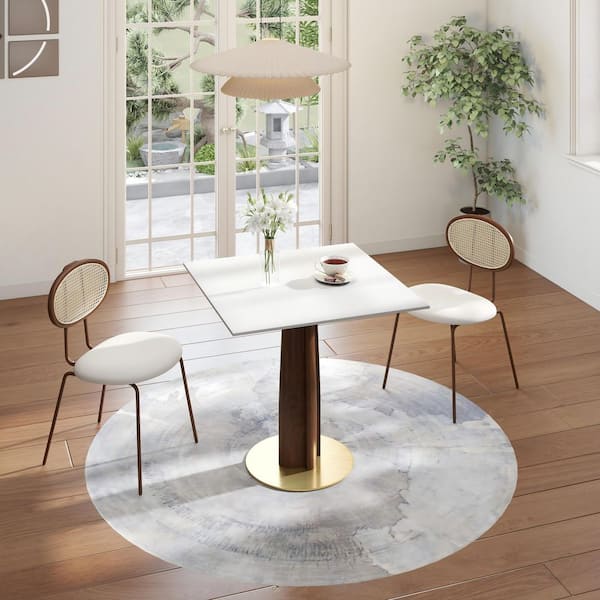 33 in. Modern Square White Sintered Stone Tabletop Dining Table with Solid Wood Pedestal (Seat 2)