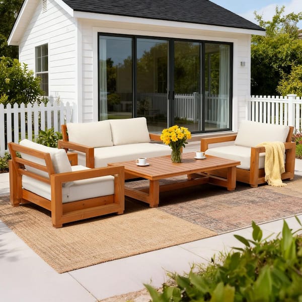 4-Piece Wood Patio Conversation Deep Seating Set with Beige Cushions