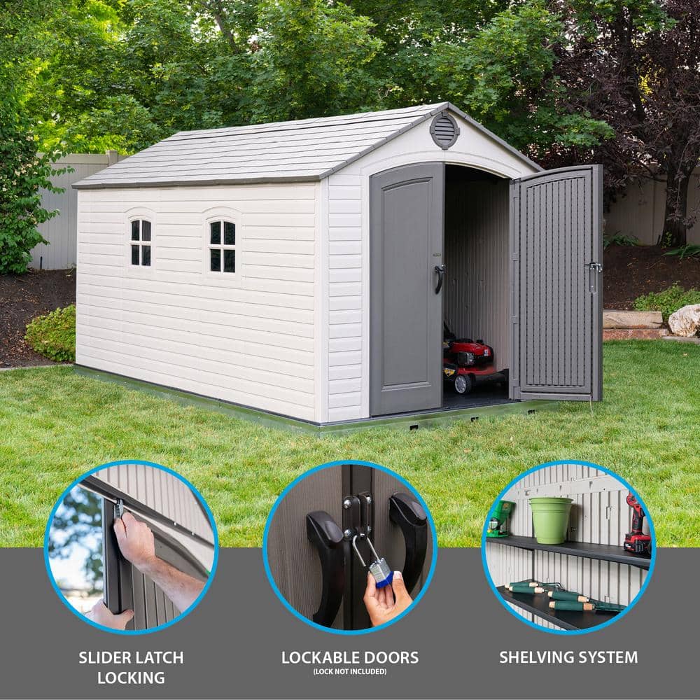 Large Beige and Brown Polyethylene Storage Shed with Windows and Shelving