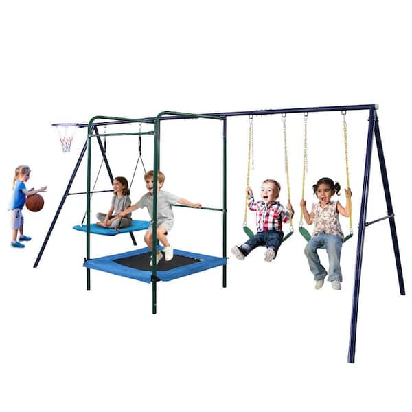 4 in 1 Swing Set with Belt Swing, Hammock Swing, Trampolone, Basket Rim for Backyard