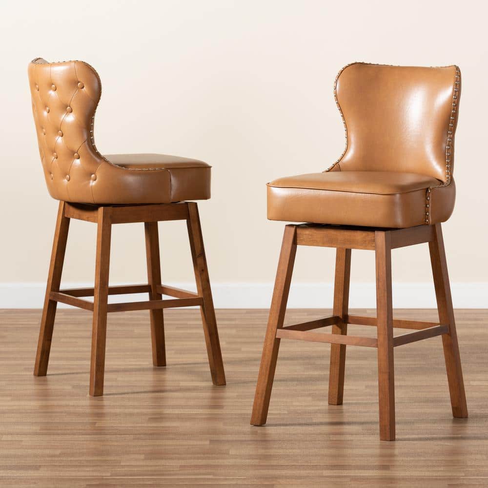 Walnut Wood and Tan Leather Swivel Barstool with Copper Accents