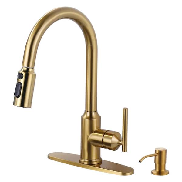 Single Handle Pull Down Sprayer Kitchen Faucet in Gold, Stainless Steel Kitchen Faucet with Soap Dispenser