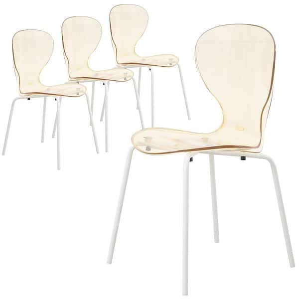 Leisuremod Oyster Dining Chair Stackable Curved Back with Stainless Steel White Base Set of 4