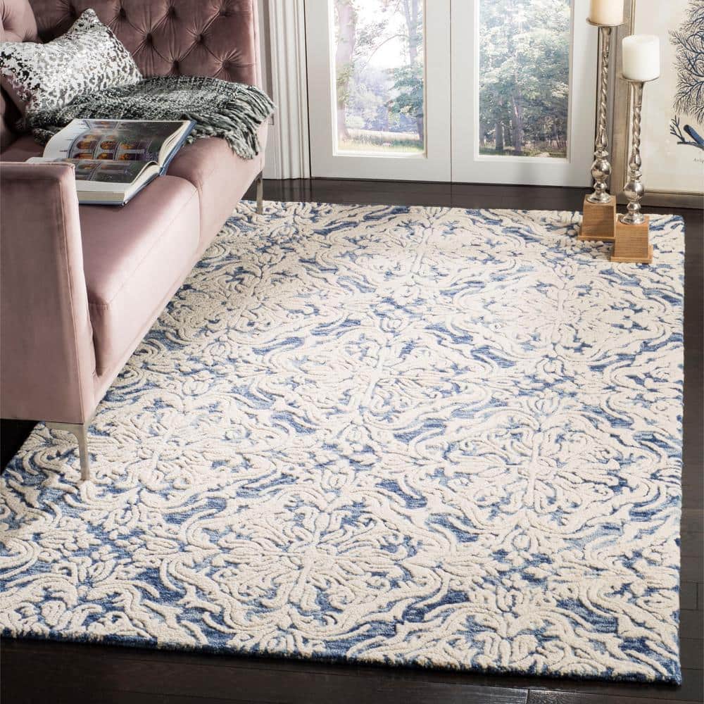 Handmade Tufted Blue and Ivory Floral Wool 8' x 10' Area Rug