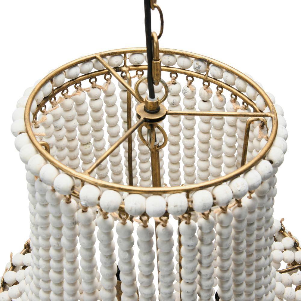 Off-White Draped Wood Bead Chandelier with Iron Frame