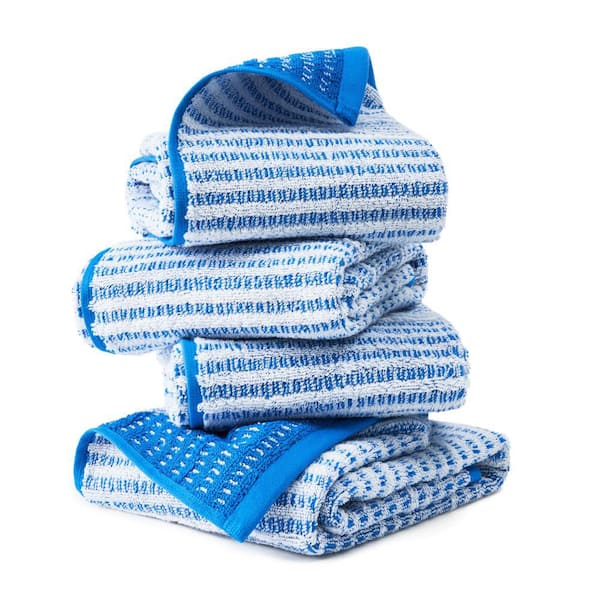 Striped Reversible Terry Organic Cotton 20 in. x 30 in. Blue Hand Towel Set 4-Pack