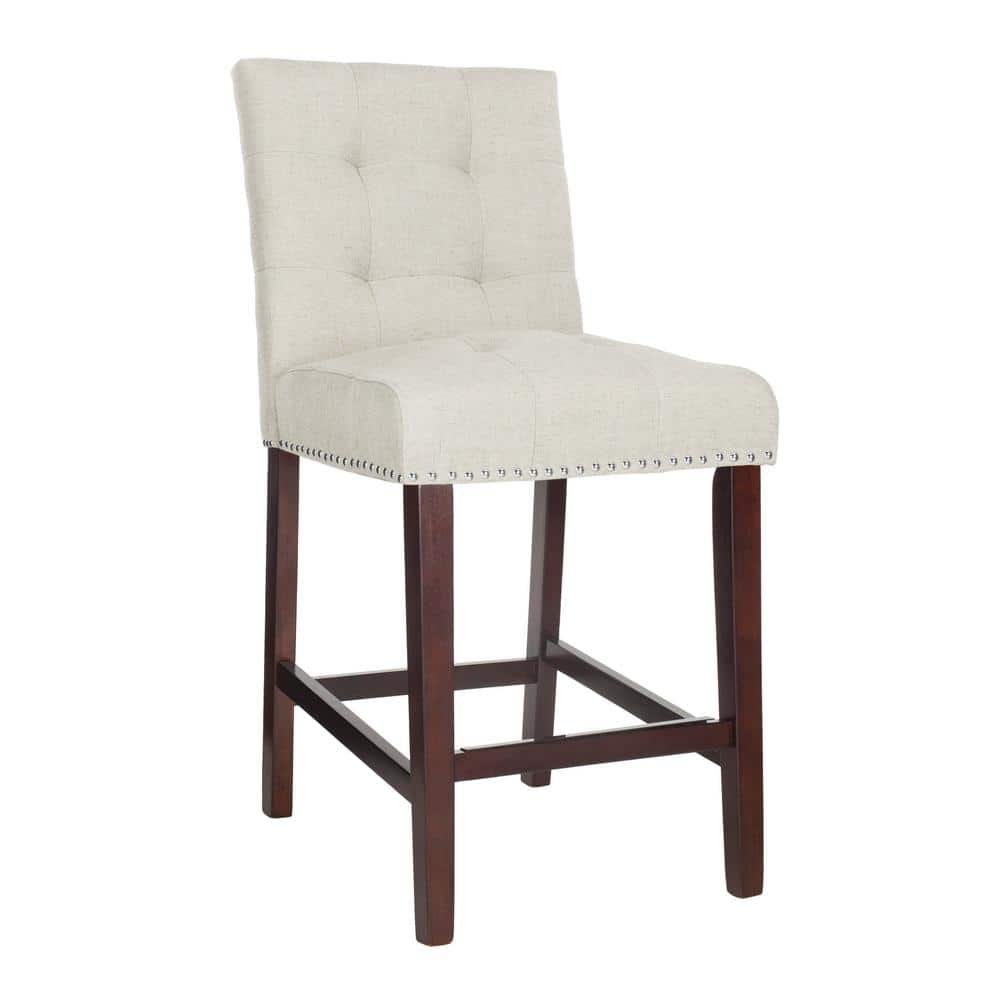 Light Grey Tufted Linen Counter Stools with Chrome Nail Head Trim