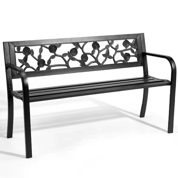 50 in. 2-Person Black Metal Outdoor Bench with Rose Backrest