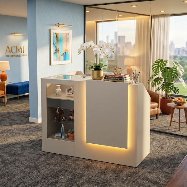 47.2 in. W L-Shape White Wooden Corner Computer Desk, Writing Desk w/ Open Shelves, Glass Display Cabinet and LED Lights