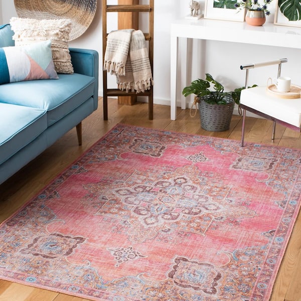Serapi Pink/Beige 10 ft. x 14 ft. Machine Washable Geometric Distressed Area Rug