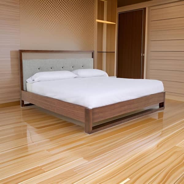 Cear Brown and Gray Wood Frame King Panel Bed with Tufted and Headboard